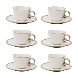 Cj 6 Xícaras P/Chá C/Pires de Porcelana EGG Branco/Dourado 200ml Wolff - 1