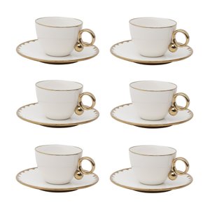 Cj 6 Xícaras P/Chá C/Pires de Porcelana EGG Branco/Dourado 200ml Wolff