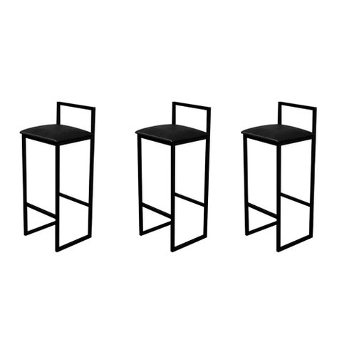 Kit 3 Banquetas Luna Industrial Bistrô com Encosto em Aço para Bar Cozinha - Preto