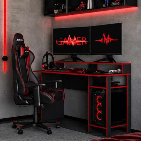 Mesa Gamer para Computador 136cm 3 Prateleiras Vulcano Preto/Vermelho - Mademóvel