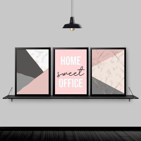 Kit 3 Quadros Home Office Feminino Rosa 24x18cm - com vidro:Madeira branca