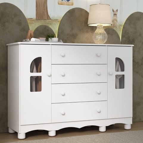 Cômoda Infantil 125cm 2 Portas com Vidro e 4 Gavetas Aurora Multimóveis Mp4500 Branco