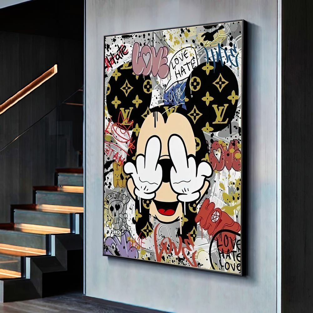 Quadro Mickey Amor e Ódio Street Art:60x40 cm/BORDA INFINITA