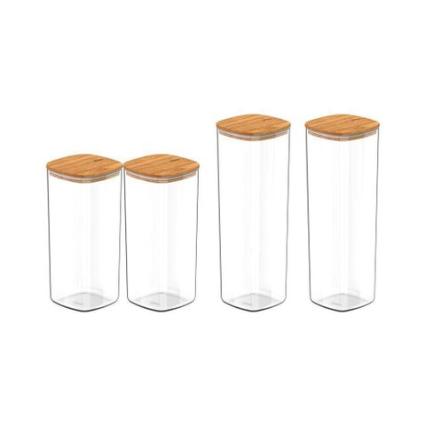 Conjunto de Potes Herméticos Keep 4 Peças Transparente com Tampa de Bambu ou