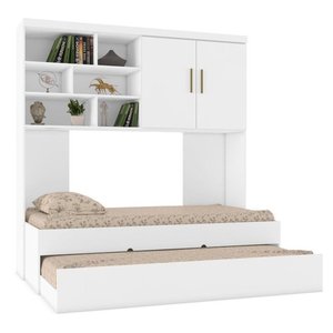 Kit Quarto Modulado Infantil 3 Peças Cama Solteiro e Auxiliar Armário Aéreo 2 Portas Chiara Branco -