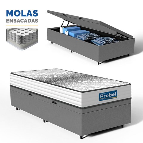 Cama Box Baú com Colchão de Molas Ensacadas Double Face Essence Probel Solteiro 88cm