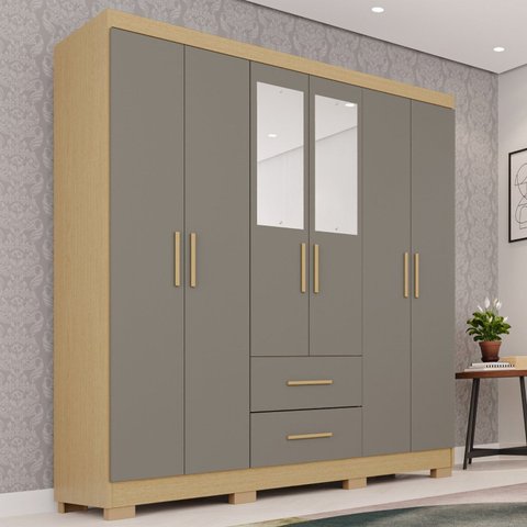 Guarda-Roupa Solteiro com Espelho 6 Portas 2 Gavetas Cinza Jequitibá/Granizo Estrela Premium