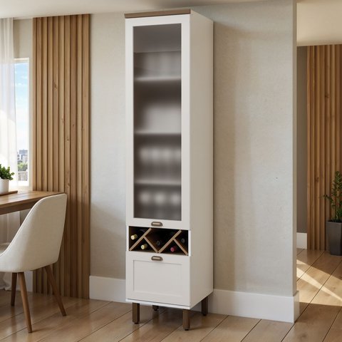 Cristaleira 50cm Porta de Vidro e 1 Gavetão para Cozinha Mdf Cor:branco com Ébano