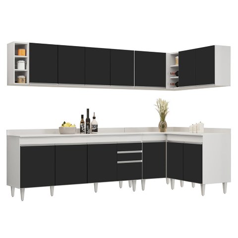 Armário de Cozinha Modulado de Canto 7 Peças Cp35 Balcão com Tampo Branco/preto - Lumil Lumil Móveis