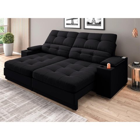 Sofá com Porta Copos e Carregador Usb Eureka 2,00m Assento Retrátil e Reclinável Velosuede -