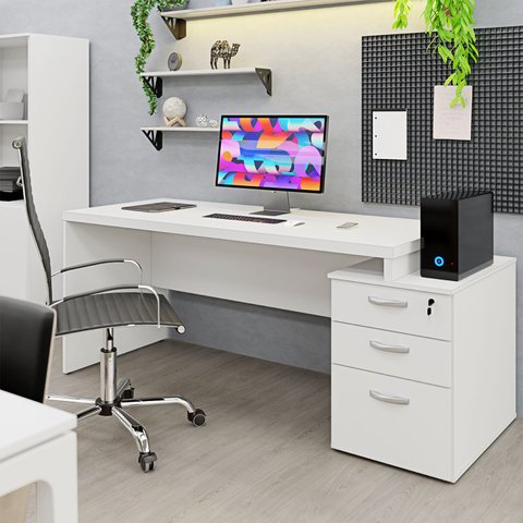 Mesa de Escritório Pedestal 3 Gavetas 1.90x70 Tpo 30mm Netmobil - Branco