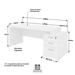 Mesa de Escritório Pedestal 3 Gavetas 1.90x70 Tpo 30mm Netmobil - Branco - 6