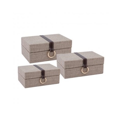 CONJUNTO. DE CAIXAS DE TECIDO MARROM COM DETALHES ESTILO COURO E P BTC Decor