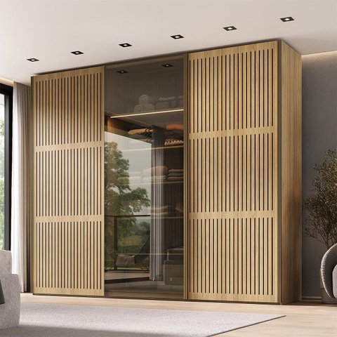 Guarda-Roupas Nilo 274,2cm 3 Portas com Porta Ripada e Reflecta c/LED Olmo 1280