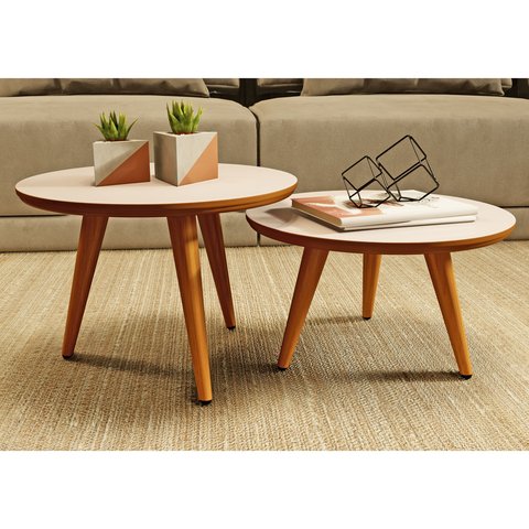 Conjunto Duas Mesinhas de Centro Sala Madeira Redonda Pé Palito