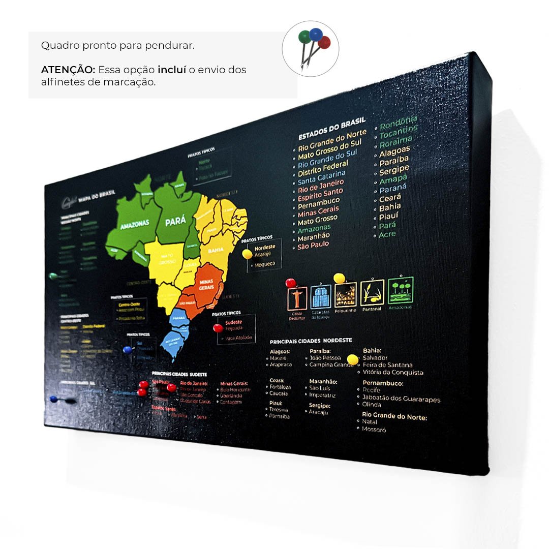 Quadro Mapa do Brasil Marcar Viagens | Pronto para Pendurar