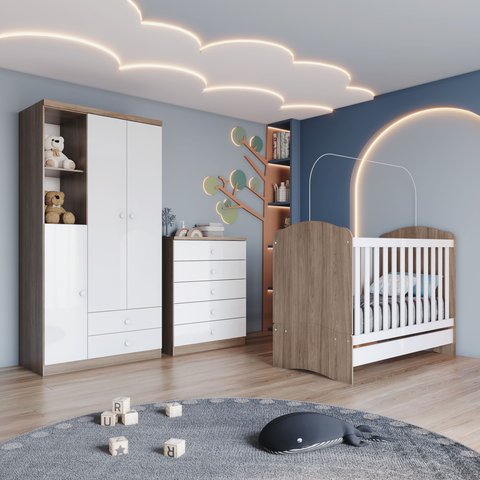 Quarto de Bebê com Guarda-Roupa 3 Portas Cômoda e Berço 3 em 1 Lápis de Cor Espresso Móveis Branco/R