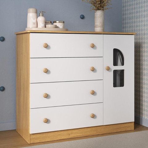 Cômoda Infantil 95cm 1 Porta com Vidro e 4 Gavetas Amora Multimóveis Mp4510 Madeirado/branco