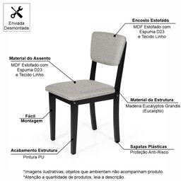 Conjunto 4 Cadeiras de Jantar Estofada em Madeira Maciça Ella Preto/Cinza Claro - 2 Conjunto 4 Cadeiras de Jantar Estofada em Madeira Maciça Ella Preto/Cinza Claro - 2