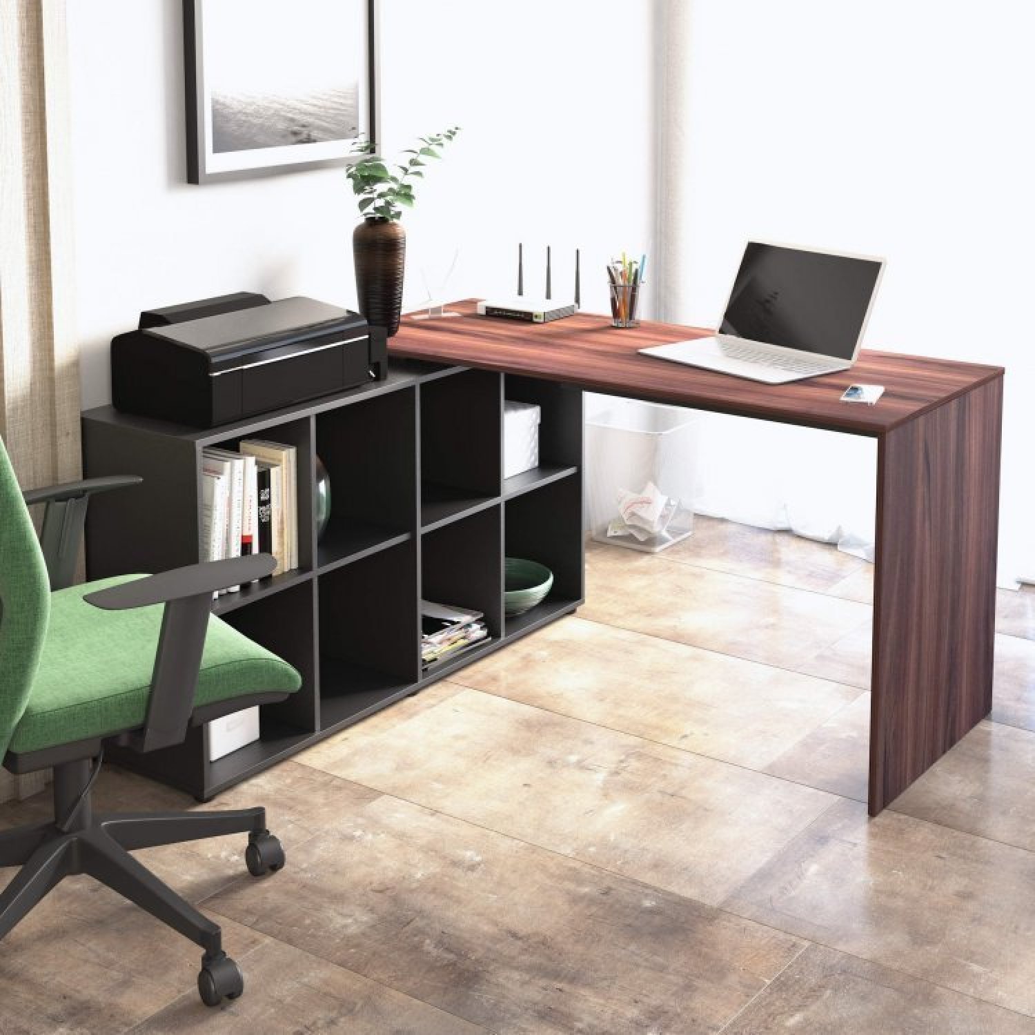 Mesa para Escritório Diretor em L com Nichos e Balcão Espresso Móveis - 3