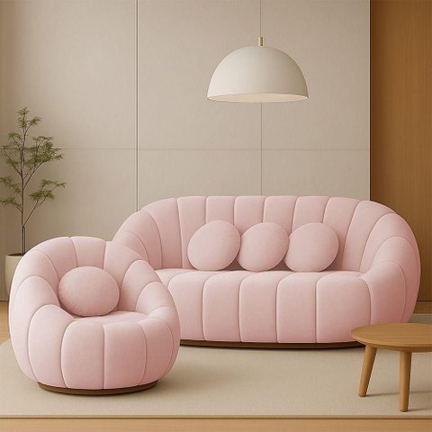 Sofá 2 Lugares com Poltrona Orgânica Fixa Cloud Bouclê Rosê E03 - D'Rossi
