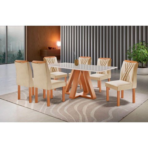 Mesa Madri 6 Cadeiras Lisboa Tampo Vidro 170x90cm Cel Móveis Cinamomo e Bege