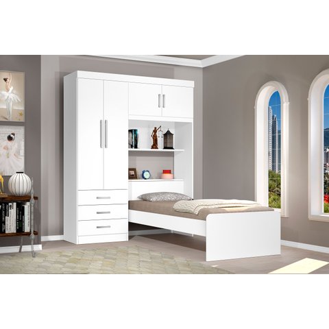 Guarda Roupa Solteiro com Cama Branco ou Branco/Lilás J&A Móveis Cancun
