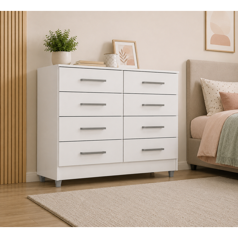 Cômoda Raissa 8 Gavetas Grande para Organização de Roupas e Acessórios no Quarto