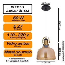 Kit Pendente de Vidro Âmbar Ágata + Lâmpada LED Bivolt Filamento Espiral Original - 3