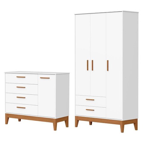 Jogo de Quarto Infantil Flip Guarda Roupa 3 Portas e Cômoda 1 Porta Branco Fosco - Reller Móveis