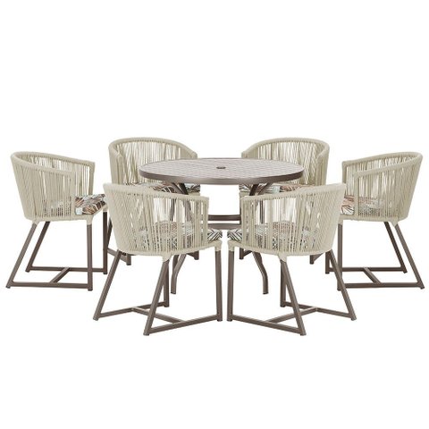Mesa com 6 Cadeiras de Jantar Roma 120cm e Noronha em Alumínio Marrom Corda Náutica Estofado 6 Trama