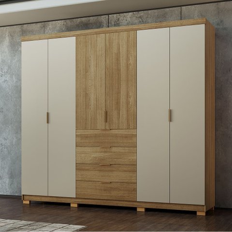 Guarda Roupa Roupeiro Casal Dubai Ouro 6 Portas 4 Gavetas Nature Fendi Vila Rica