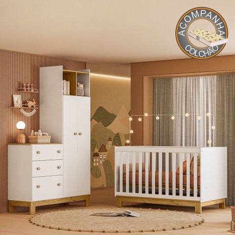 Quarto de Bebê com Berço Slim e Guarda Roupa com Cômoda Flora Branco Acetinado Qmovi + Colchão Gazin