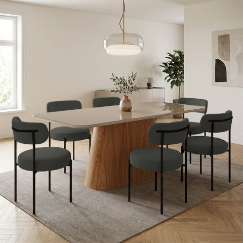 Mesa Jantar Vidro 160cm Off Kit 6 Cadeiras Aço Preto Boucle H02 - D'Rossi
