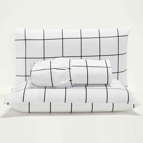 Jogo Cama Lençol Square Queen Quadriculado Percal 180 Fios 3 Peças - Branco