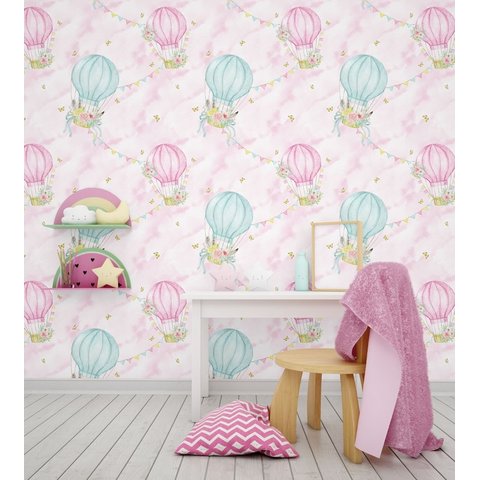 Papel de Parede Infantil Balão com Fundo em Nuvens Rosas