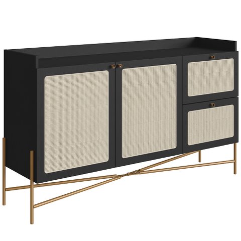 Aparador Buffet para Sala de Jantar 139cm Industrial Indy A03 Nero Dourado - Lyam Decor
