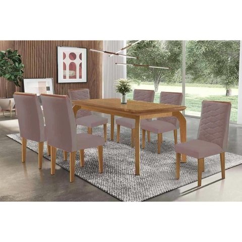 Sala de Jantar Completa Londrina C/ Tampo Madeirado Canto Curvo 180x90cm e 6 Cadeiras Maldivas