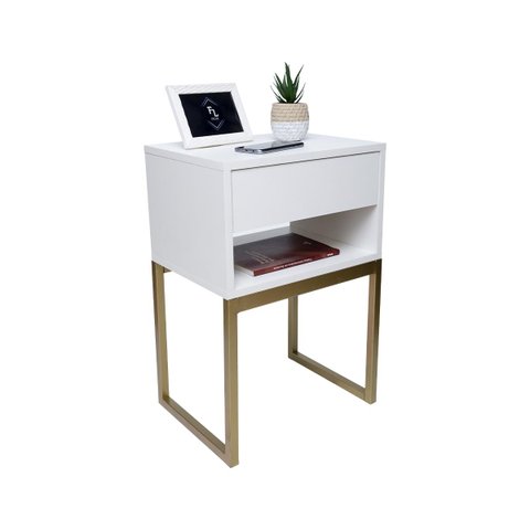 Mesa de Cabeceira Eco Industrial 40cm Branco Gaveta Superior Pés Ferro Dourado para Quarto Cama