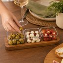 Ver mais imagens de Kit Tabua Petisqueira Madeira 3 Molheiras Bandeja Teca Completa Ramequim Aperitivos Rustica Porta Mo
