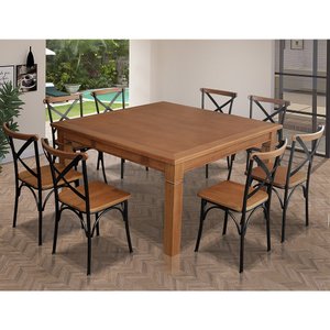 Mesa Jantar Quadrada Celina 1,50m Madeira Maciça 8 Cadeiras Paris Pés Alumínio Castanho