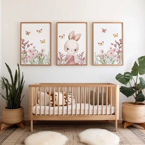 Kit 3 Quadros Decorativos Infantil - Jardim do Coelhinho NO2 - 40x60 - Moldura Madeira