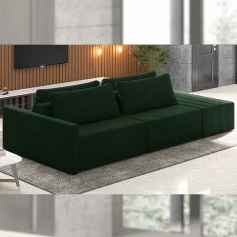 Sofá Ilha Modulado Milos 252cm Puff Lateral Veludo Verde G33 - Gran Belo
