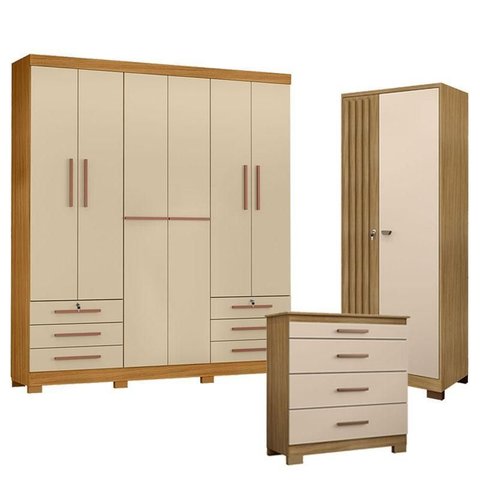Guarda Roupa Casal Londres com Cômoda 4 Gavetas New e Armário Multiuso Versatile Carvalho