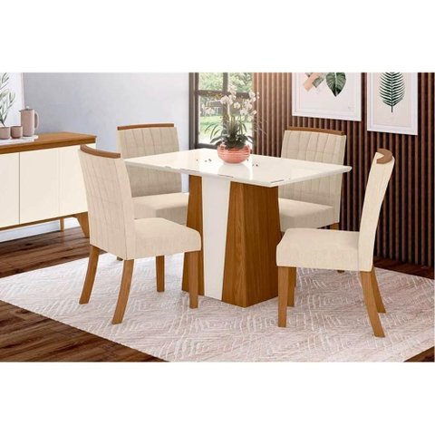 Conjunto: Mesa de Cozinha Orus C/ Tampo Madeirado 120x80cm e 4 Cadeiras Tauá Nature/off White -