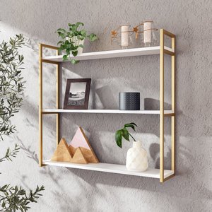 Prateleira para Sala Estilo Industrial 3 Níveis Dourado 75x18x80 Mdf Branco