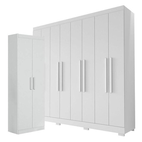 Guarda Roupa Casal Porto 8 Portas 4 Gavetas e Armário Multiuso 2 Portas 2000191 Branco Brilho – Aram