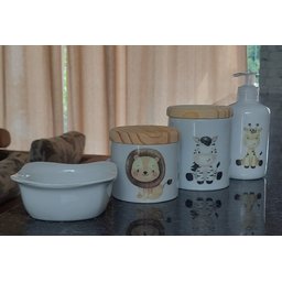 Kit Higiene Bebê Safari 4 Peças - Potes, Porta Álcool e Molhadeira Decorada - Peças Porcelana Tampas - 2