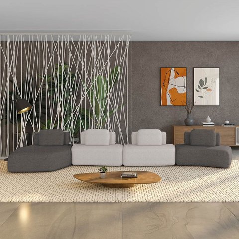 Sofá 4 Lugares Orgânico com Chaise e 3 Módulos Berlim bouclê Grafite/cinza Caro K01 - D’Rossi