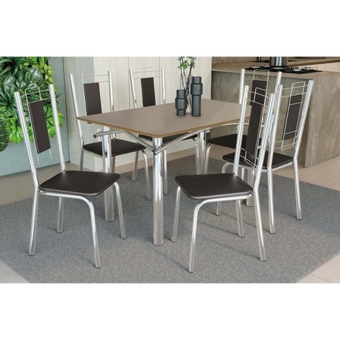 Sala de Jantar Completa Elba Tampo Madeirado C/ Vidro 120cm e 6 Cadeiras Florença Cromada/freijo